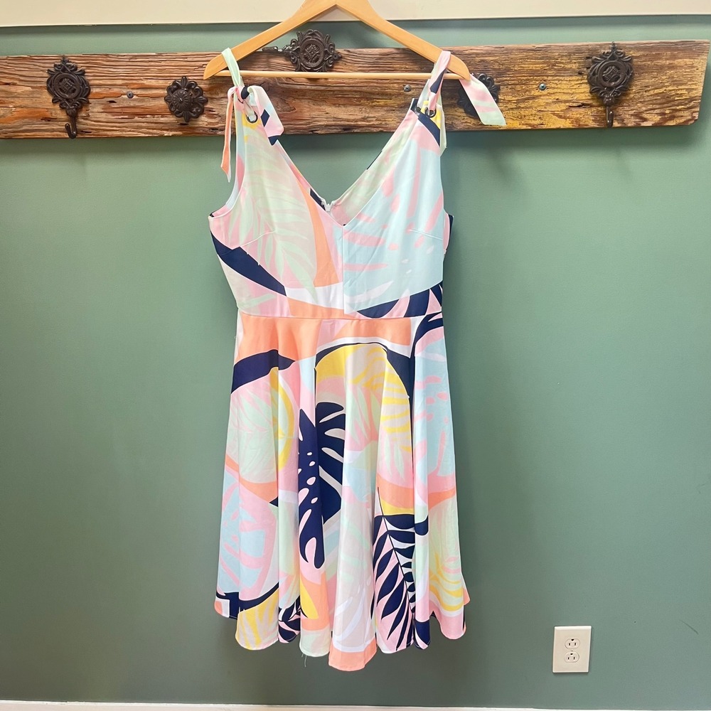 ModCloth x Hutch Tropical Palm Leaf Tie Shoulder Fit and Flare Dress 12 Pastel